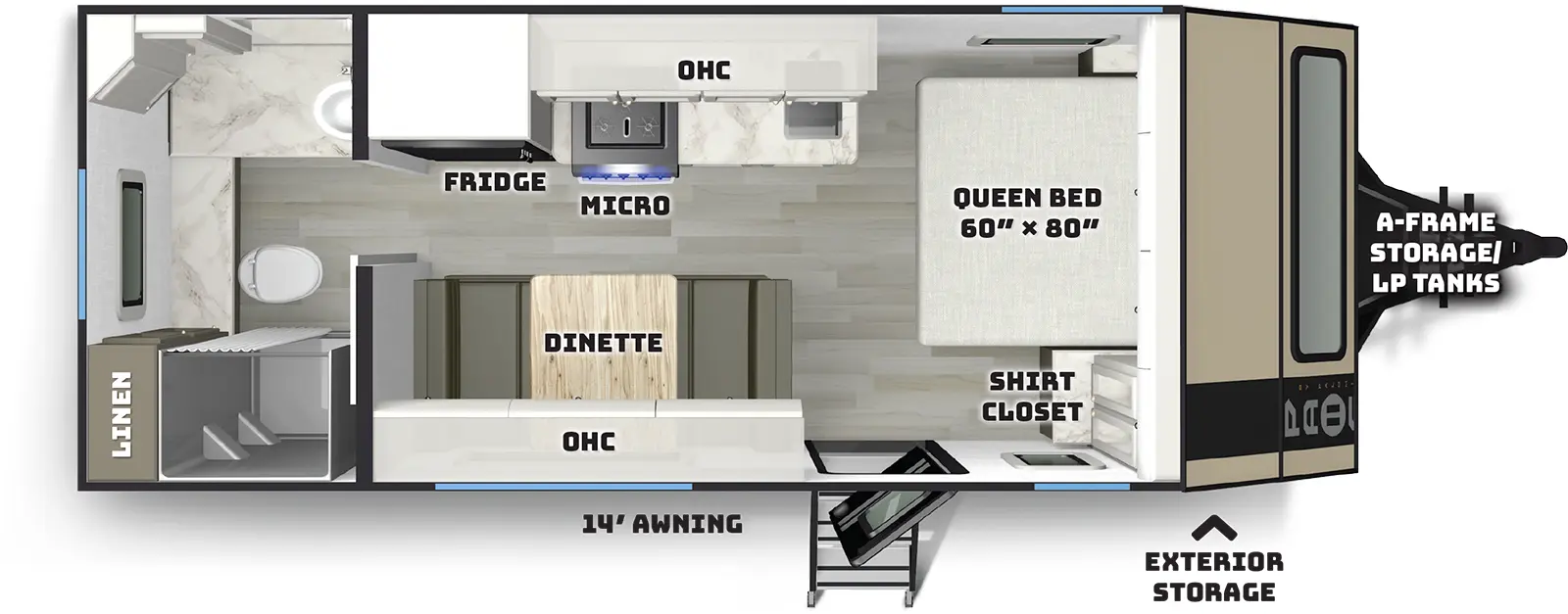 The Pause 19.4 floorplan has one entry and zero slide outs. Exterior features include: fiberglass exterior and 14' awning. Interiors features include: front bedroom and rear bathroom.